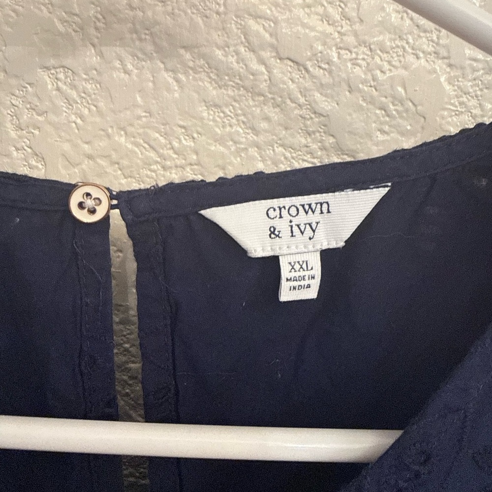 Navy Blue 100% Cotton Eyelet Blouse by Crown & Ivory-Boho Flutter Sleeve XXL - Picture 8 of 17